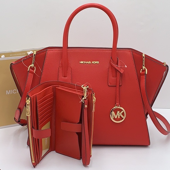 Michael Kors Large Top Zip Satchel Leather & Double Zip Wristlet Leather Flame - Picture 6 of 16